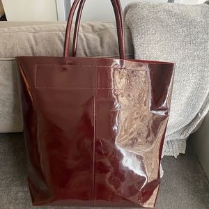 Maje Burgandy Patent Leather Tote Bag w/ Suede Interior